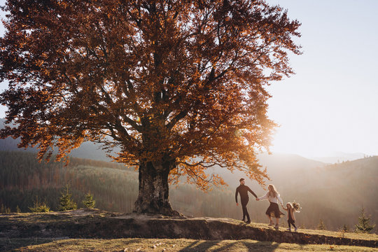 Stylish young family in the autumn mountains. A guy and a girl with their daughter walk together under a large old tree against the background of a forest and mountain peaks at sunset.