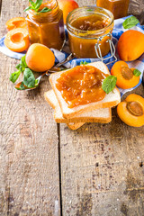 Homemade apricot jam in different jars, with fresh organic apricots on wooden rustic background copy space