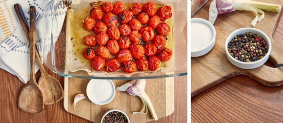 Collage of cooked tomatoes in baking dish, garlic and bowls with pepper and salt on cutting board near spatulas and napkin on wooden background