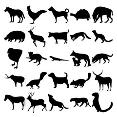 Set of 25 animals. Cock, Tortoise, Hyena, Hippopotamus, Pacific Fisher, Chicken, Salamander, Fox, Dog, Elephant, Skunk, Jack Russell, Chipmunk, Cow, Zebra, Deer, Wolf, Jaguar, Marten.