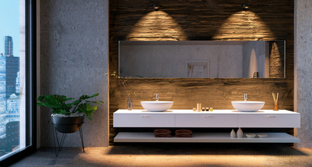 3D render of bathroom vanity with stone tiles.
