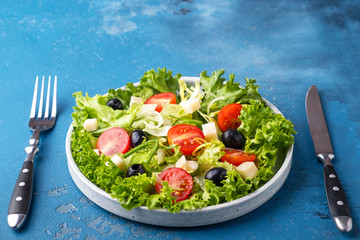 Fresh vegetable salad with cheese, tomatoes, and black olives. Concept of  healthy vegetarian meal.