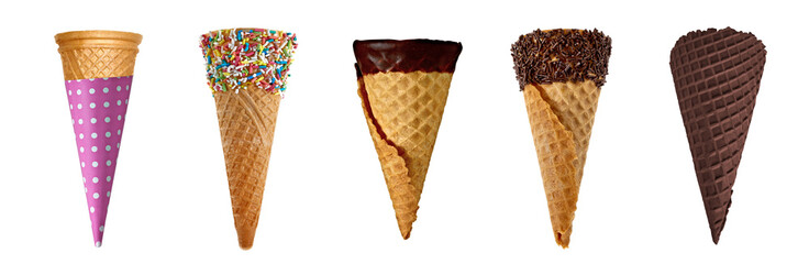 Empty fancy or joyful ice cream cones collection on isolated transparent background. Empty ice...