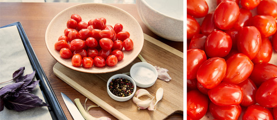 Collage of plate with tomatoes on cutting board near oven tray with ingredients on table, panoramic shot