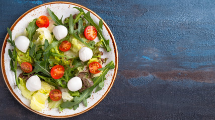 Arugula, lettuce,  cherry tomatoes and mozzarella cheese on a plate. Top view, text space