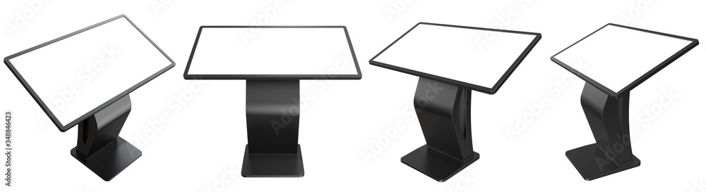 Poster set of various views of black interactive information terminal. isometric view of a touch screen kio