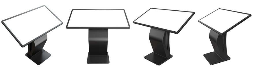 Set of Various Views of Black Interactive Information Terminal. Isometric View of a Touch Screen Kiosk Stand . 3D Render of a Console with a Blank Empty Screen Isolated on a White Background.