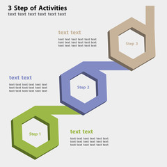 Infographic of 3 step of work or activities in the 3D hexagon in three color.