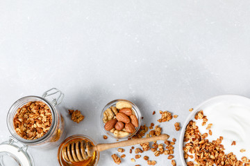 Granola and greek yogurt breakfast with honey and nuts