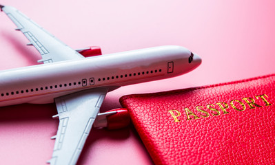 Travel concept. Model of airplane on pink background with passport.