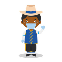 Character from Barbados dressed in the traditional way and with surgical mask and latex gloves as protection against a health emergency