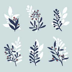 Leafs, berries and wreaths in blue, red and white colors. Vector collection