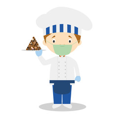 Pastry Chef Character with chocolates typical of Belgium and with surgical mask and latex gloves as protection against a health emergency