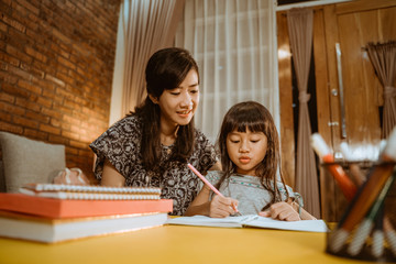 mother and daughter home schooling studying together doing homework in the evening