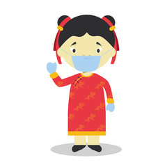 Character from China dressed in the traditional way and with surgical mask and latex gloves as protection against a health emergency