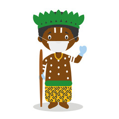 Character from Congo dressed in the traditional way and with surgical mask and latex gloves as protection against a health emergency