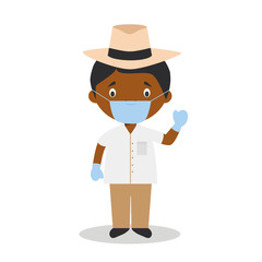 Character from Cuba dressed in the traditional way with a Panama hat and with surgical mask and latex gloves as protection against a health emergency