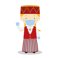 Character from Estonia dressed in the traditional way and with surgical mask and latex gloves as protection against a health emergency