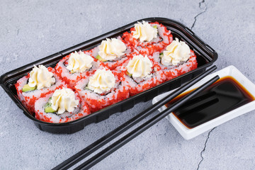 Sushi roll sushi with prawn, avocado, cream cheese, sesame. Sushi menu. Japanese food.