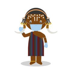 Character from Ethiopia (Mursi Tribe) dressed in the traditional way and with surgical mask and latex gloves as protection against a health emergency