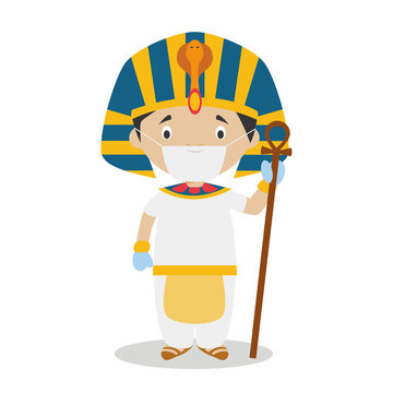 Character from  Egypt dressed in the traditional way as a pharaoh of the Ancient Egypt and with surgical mask and latex gloves as protection against a health emergency
