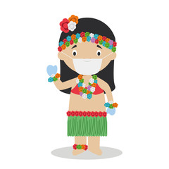 Character from Hawaii dressed in the traditional way and with surgical mask and latex gloves as protection against a health emergency