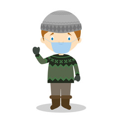 Character from Iceland dressed in the traditional way with the typical lopapeysa sweater and with surgical mask and latex gloves as protection against a health emergency