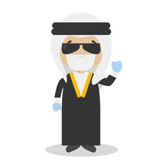 Character from Iraq or Persia dressed in the traditional way and with surgical mask and latex gloves as protection against a health emergency