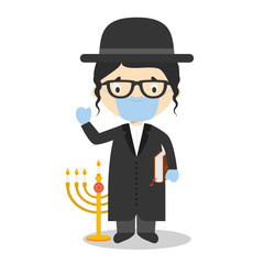 Jewish Rabbi cartoon character from Israel dressed in the traditional way and with surgical mask and latex gloves as protection against a health emergency