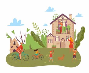 Fototapeta premium Happy family summer day, father on bicycle, mother and kids play with dog in nature, countryside cartoon flat vector illustration. Family vacation in country house in rural landscape.