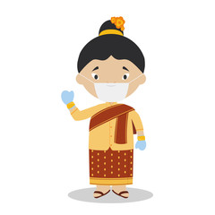 Character from Laos dressed in the traditional way and with surgical mask and latex gloves as protection against a health emergency