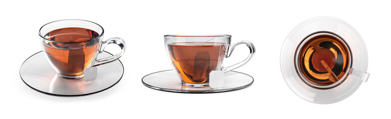 Cup of tea set isolated on white background. Glass cup with teabag.  Black, brown hot tea. Side and...