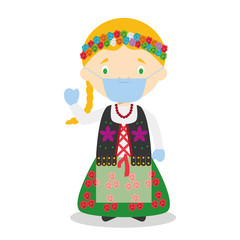 Character from Poland dressed in the traditional way and with surgical mask and latex gloves as protection against a health emergency