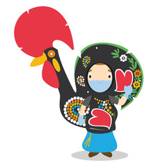 Character from Portugal disguised as typical Barcelos rooster and with surgical mask and latex gloves as protection against a health emergency