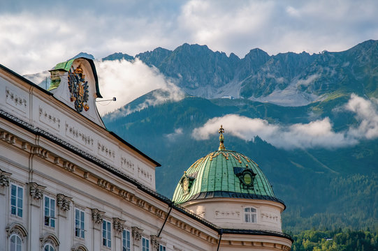 Imperial Palace Hofburg in Innsbruck, Austria. Nordkette mountain range with Seegrube and Hafelekar cablecar stations