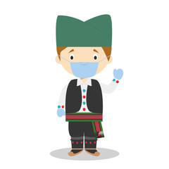 Character from Serbia dressed in the traditional way and with surgical mask and latex gloves as protection against a health emergency