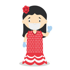 Character from Spain dressed in the traditional way as a flamenco dancer and with surgical mask and latex gloves as protection against a health emergency