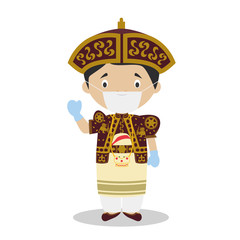 Character from Sri Lanka dressed in the traditional wedding way and with surgical mask and latex gloves as protection against a health emergency