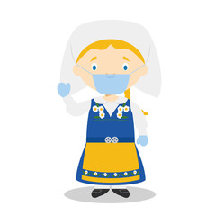 Character from Sweden dressed in the traditional way and with surgical mask and latex gloves as protection against a health emergency