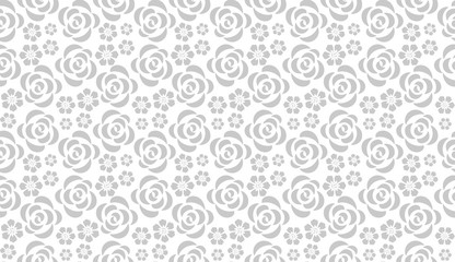 Flower pattern with roses. Seamless white and gray ornament. Graphic vector background. Ornament for fabric, wallpaper, packaging