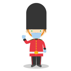Character from England. Royal Guard boy dressed in the traditional way and with surgical mask and latex gloves as protection against a health emergency
