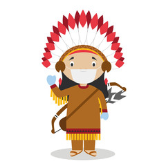 Character from United States dressed in the traditional way of the American Indians and with surgical mask and latex gloves as protection against a health emergency