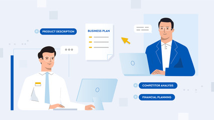 Businessmen making business plan. Vector illustration concept of business workflow, strategic planning, market research