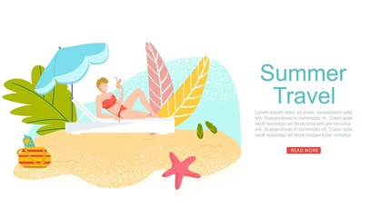 Summer travel, vacation to tropical sea islands, woman in bikini with coctail on beach web banner cartoon flat vector illustration. Sea resort travelling. Beach rest traveller girl, seascape.
