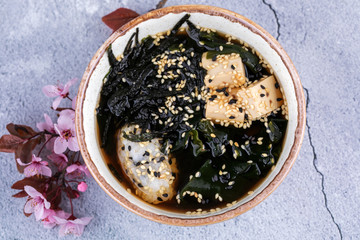 miso soup with tofu and salmon