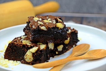 Super fudgy homemade macadamia chocolate brownies ready to be served.