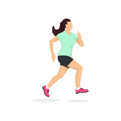 Fototapeta na wymiar Running woman in modern style vector illustration, healthy person simple flat shadow isolated on white background.
