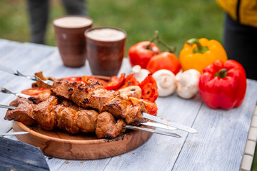 barbecue bell pepper mushrooms cook lie on the table on nature