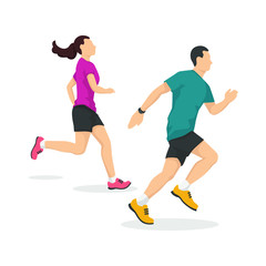 Obraz na płótnie Canvas Man and woman are running in modern style vector illustration, healthy person simple flat shadow isolated on white background.