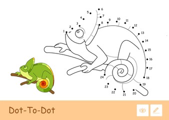 Colorless vector contour dot-to-dot image of a chameleon sitting on the branch isolated on white background.